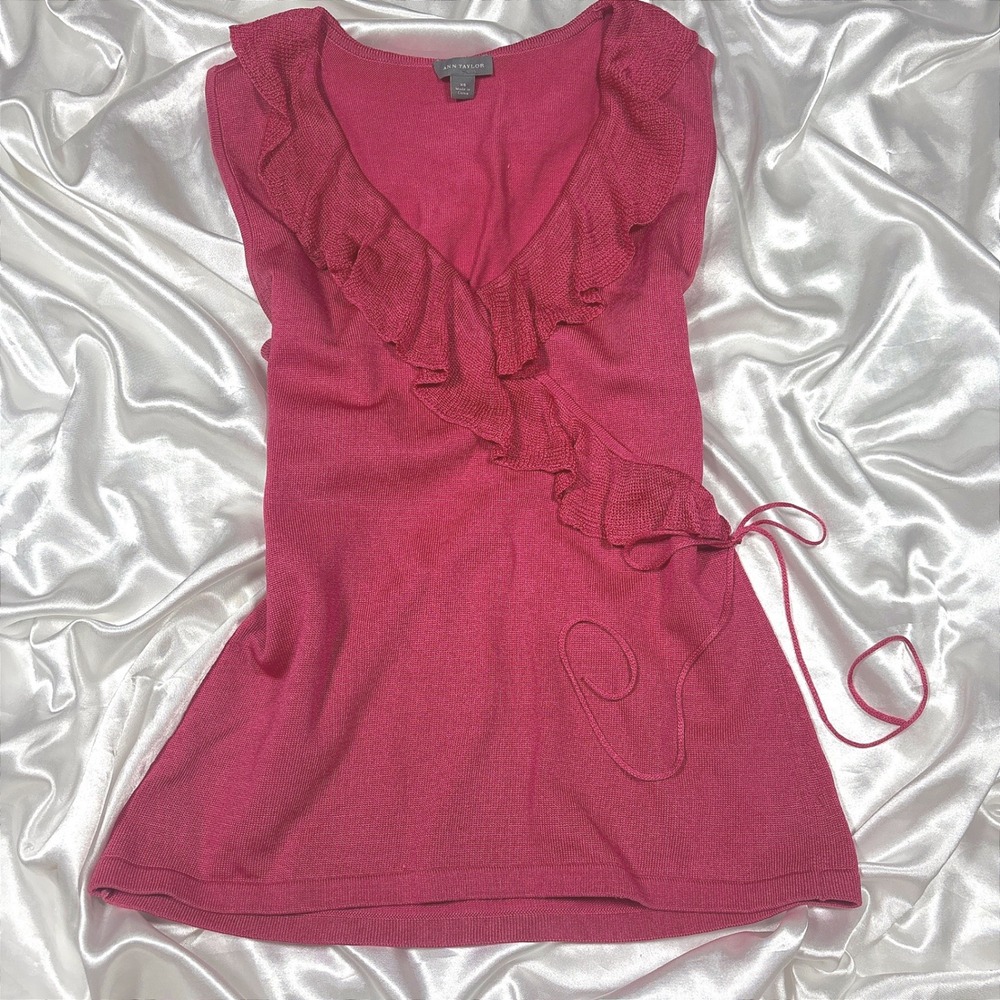 y2k Sleeveless Knit Top Pink Excellent Ann Taylor Ruffle V-Neck Faux Wrap XS